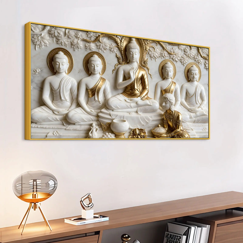 Sacred Five Buddhas with Devotee 3D Canvas Wall Painting