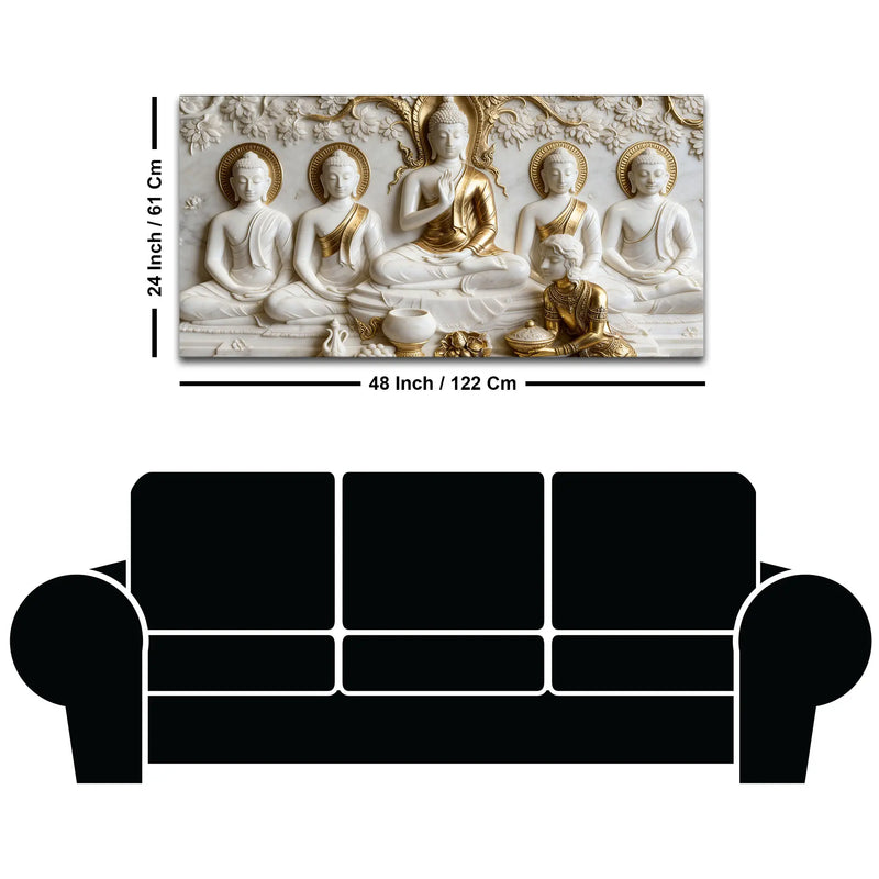 Sacred Five Buddhas with Devotee 3D Canvas Wall Painting