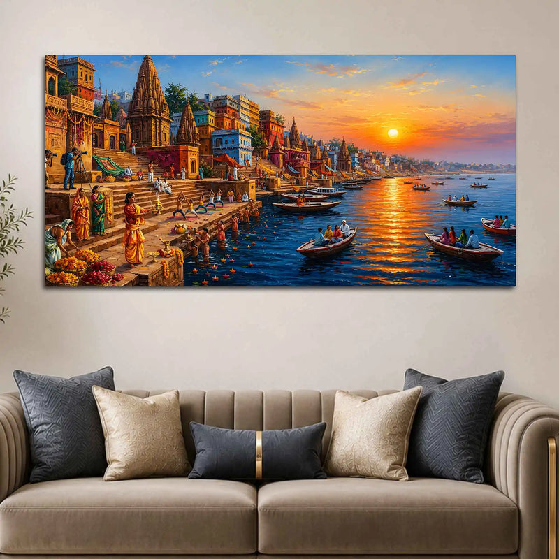 Sacred Ganga Ghats Canvas Wall Art Painting for Home Decoration