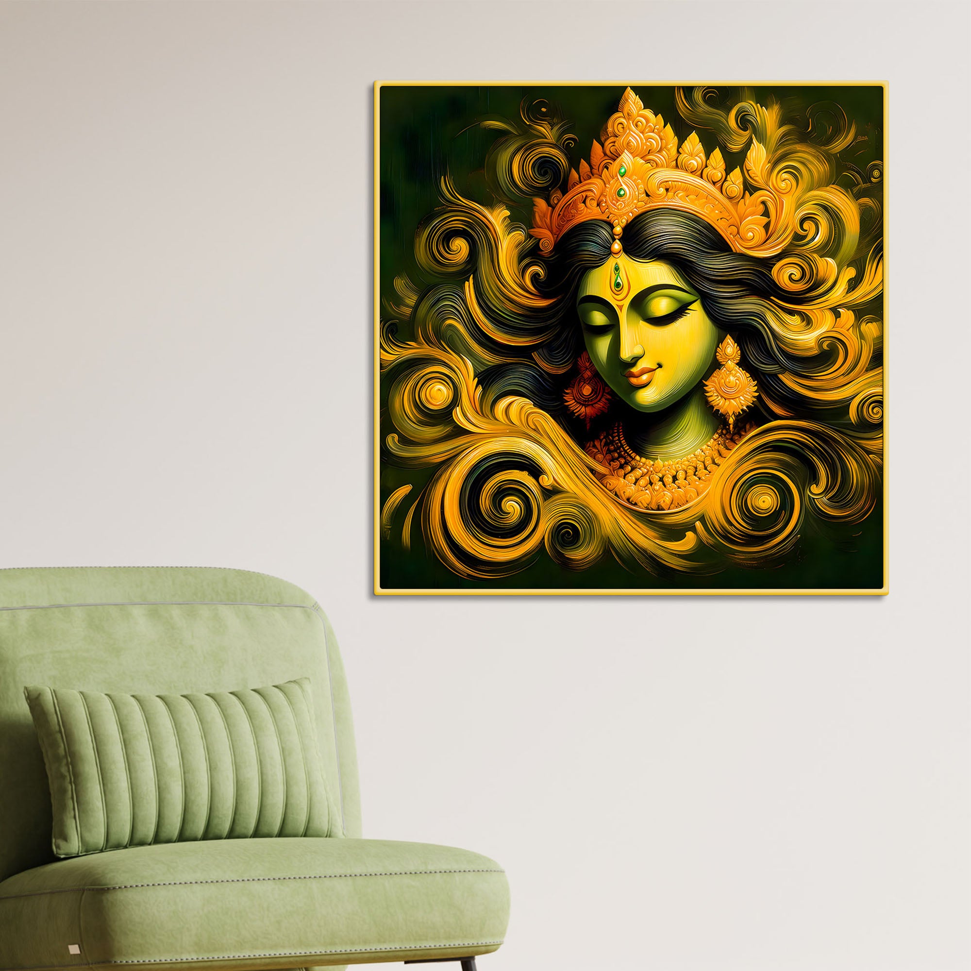 Sacred Goddess Green Abstract Canvas Wall Painting