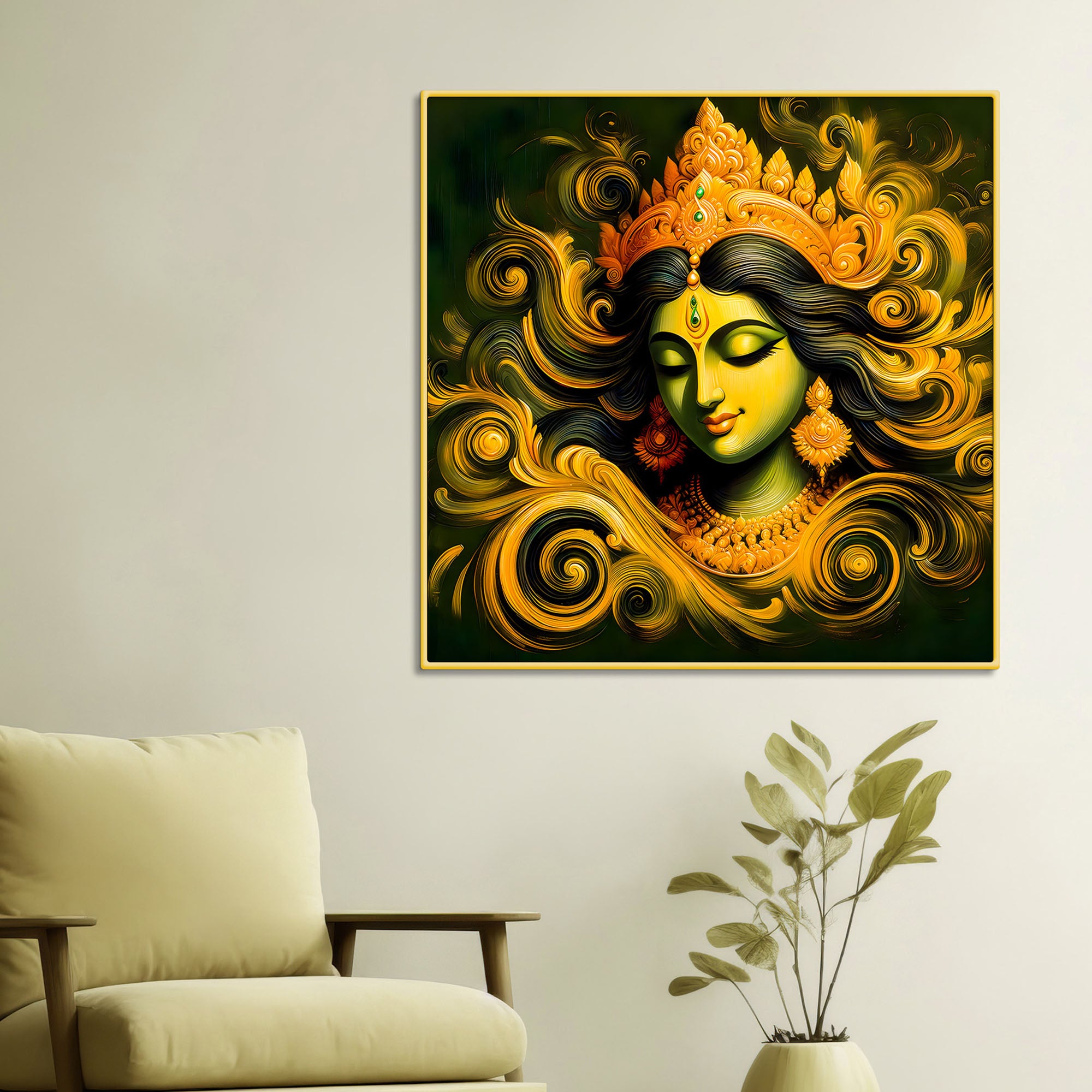 Sacred Goddess Green Abstract Canvas Wall Painting