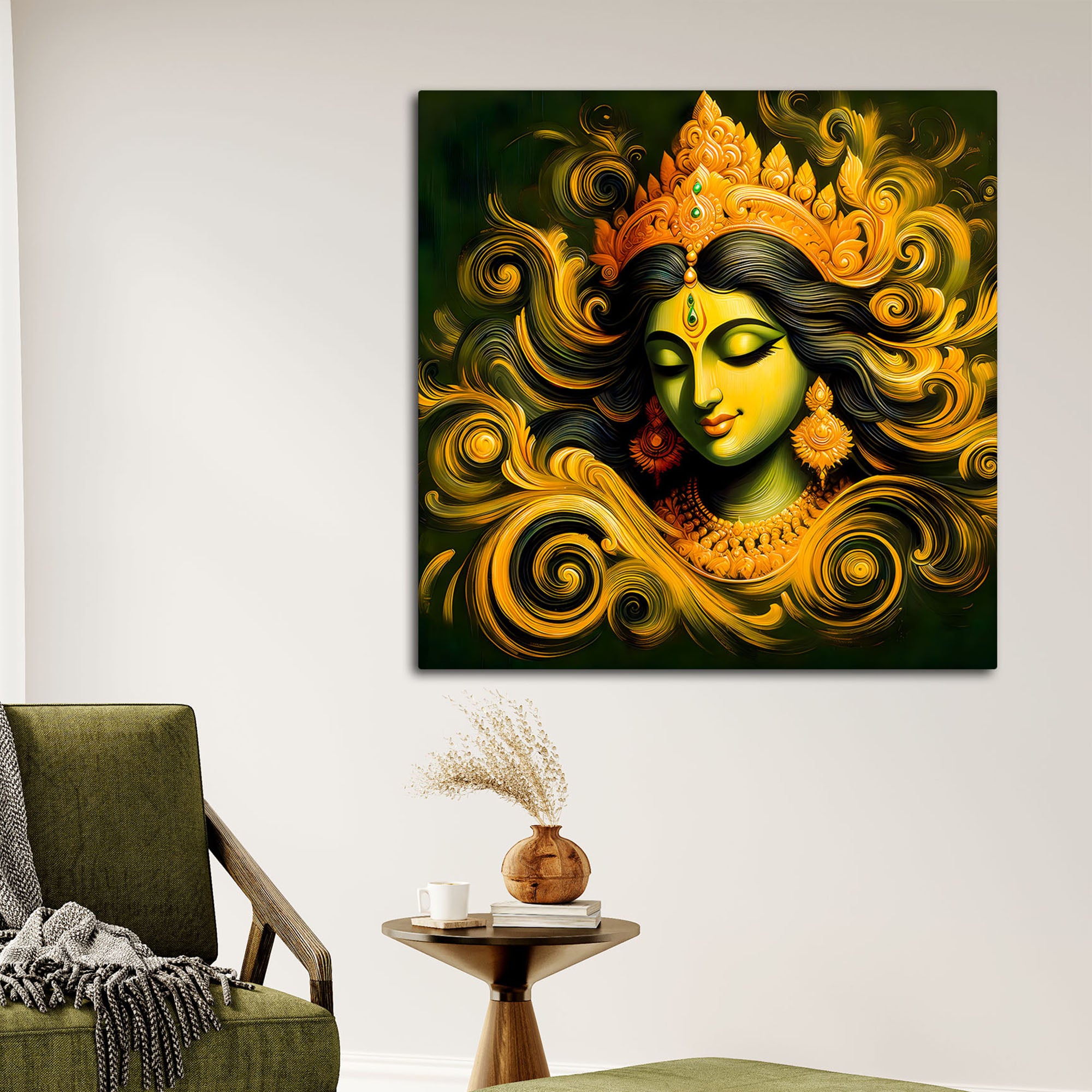 Sacred Goddess Green Abstract Canvas Wall Painting