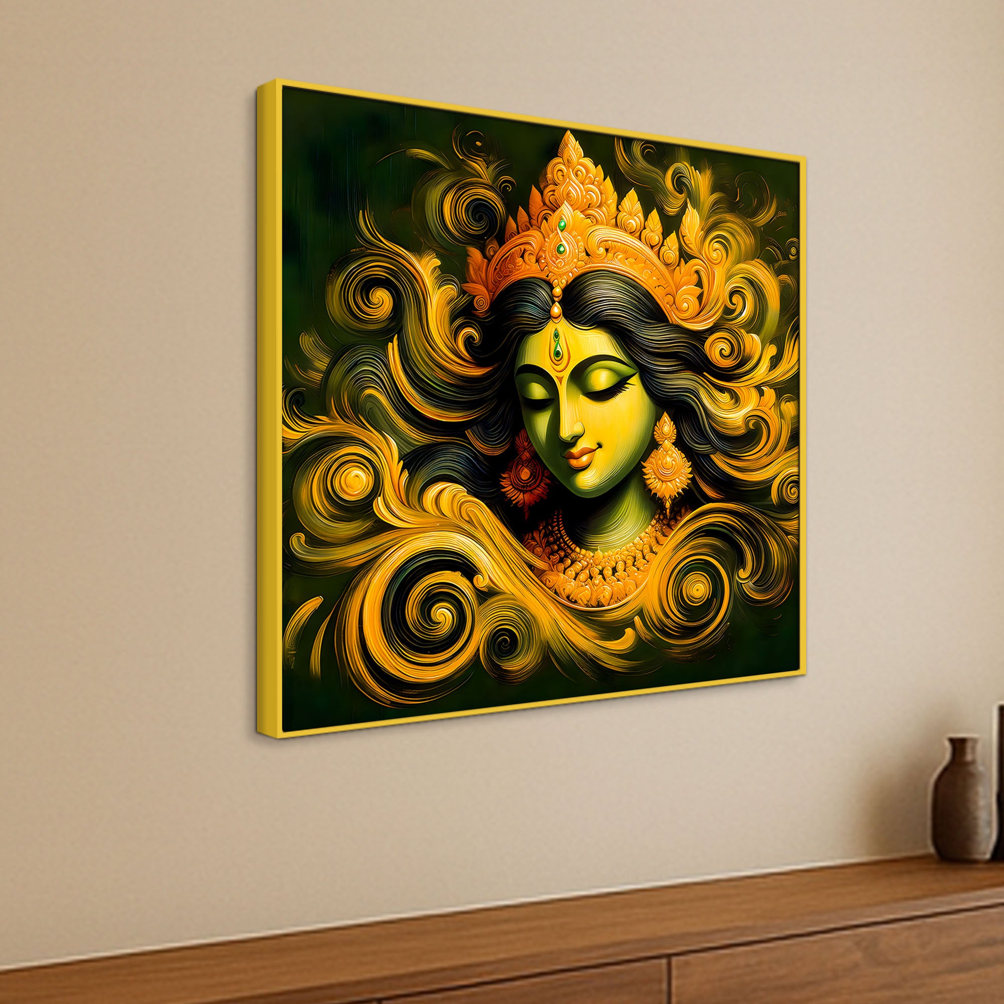 Sacred Goddess Green Abstract Canvas Wall Painting