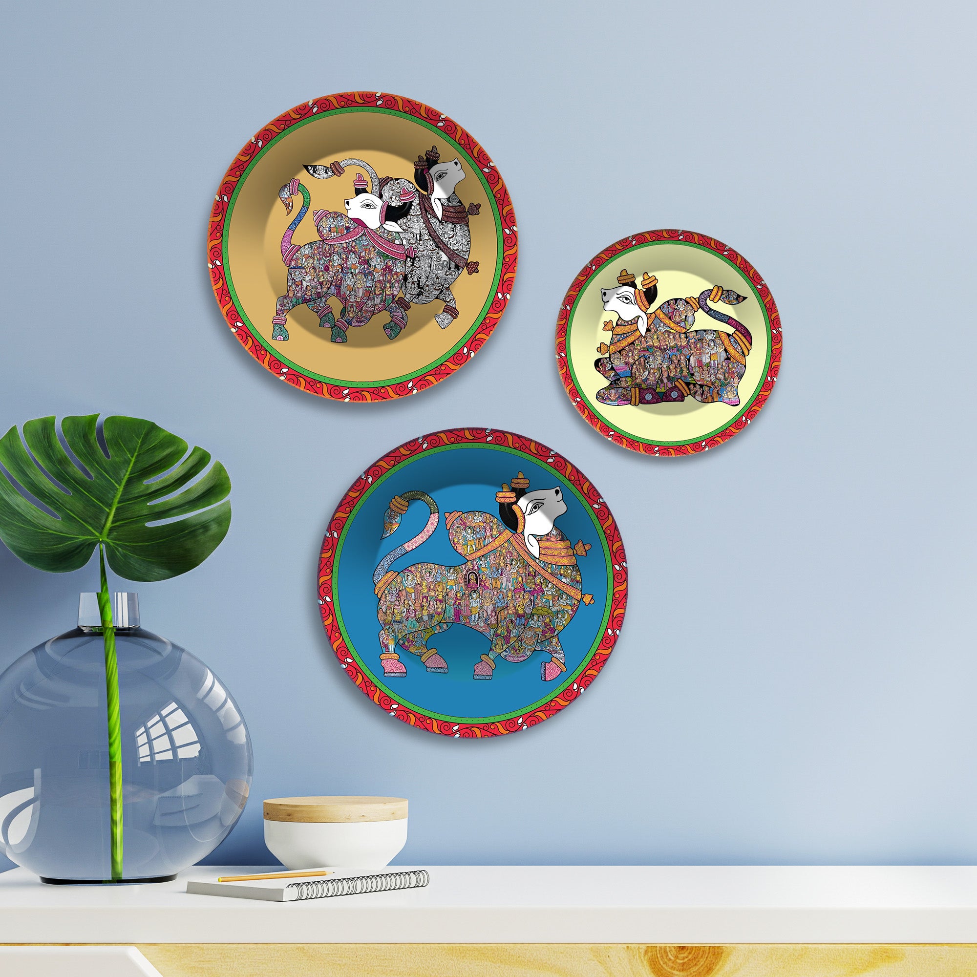 Sacred Guardians Nandi Premium Wall Plates Painting Set of 3