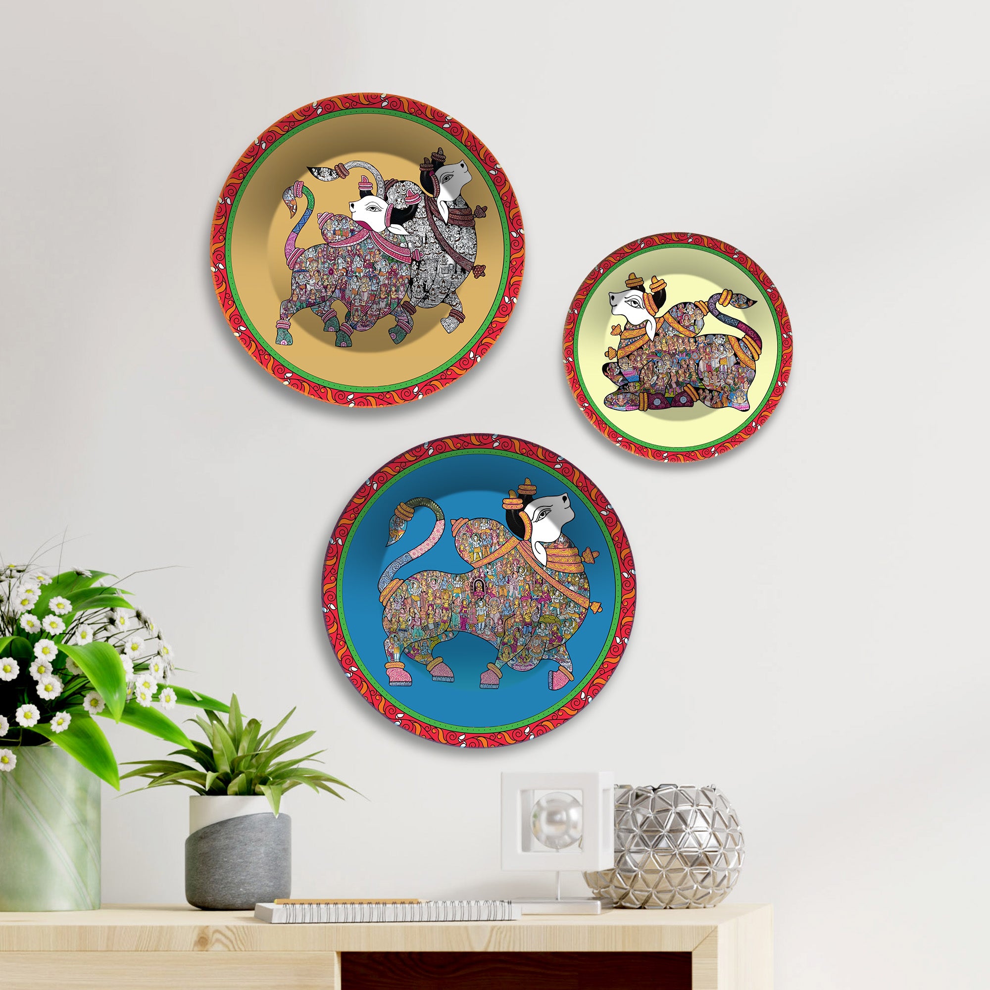 Sacred Guardians Nandi Premium Wall Plates Painting Set of 3
