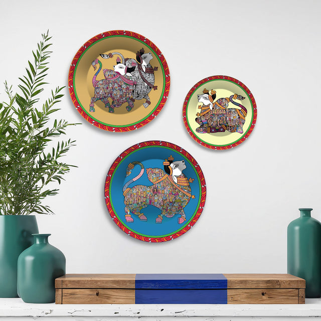 Sacred Guardians Nandi Premium Wall Plates Painting Set of 3