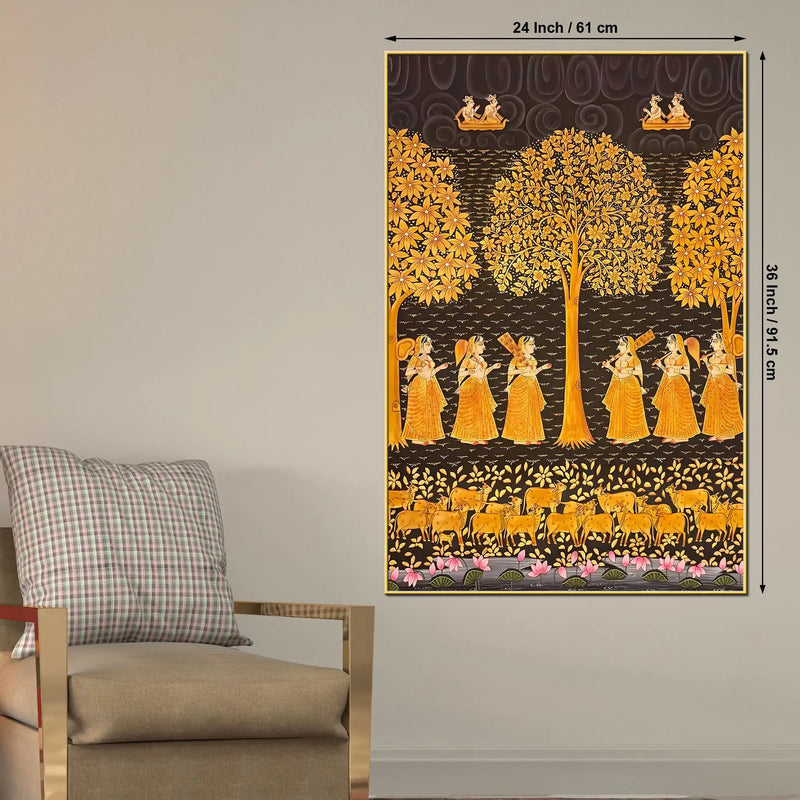 Sacred Harmony of Gopis and Cows Vintage Pichwai Canvas Wall Art Painting