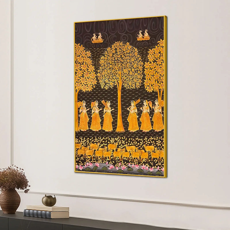Sacred Harmony of Gopis and Cows Vintage Pichwai Canvas Wall Art Painting