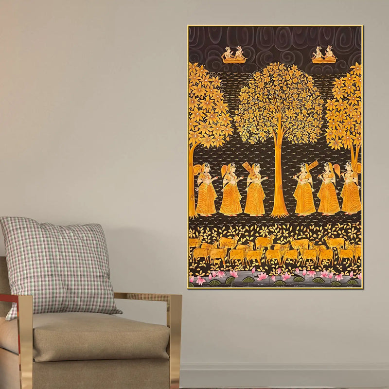 Sacred Harmony of Gopis and Cows Vintage Pichwai Canvas Wall Art Painting