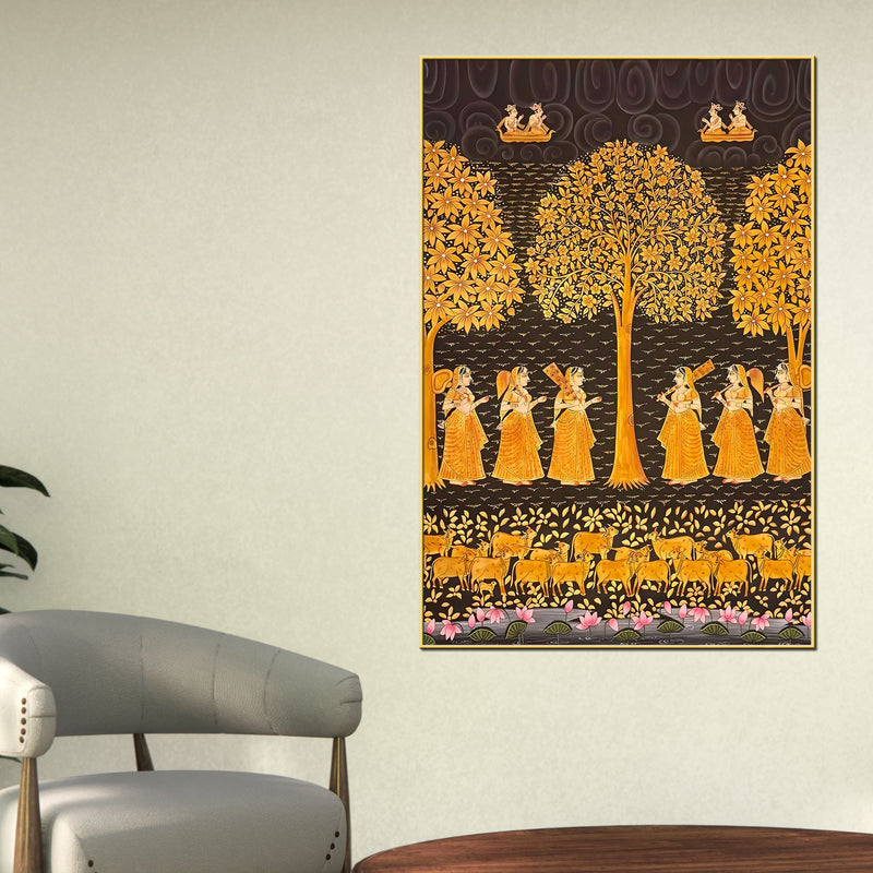 Sacred Harmony of Gopis and Cows Vintage Pichwai Canvas Wall Art Painting
