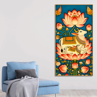 sacred-kamdhenu-cow-and-calf-lotus-canvas-painting-spiritual-wall-art