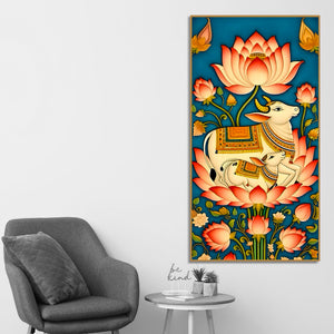 Sacred Kamdhenu Cow and Calf Lotus Canvas Painting | Spiritual Wall Art
