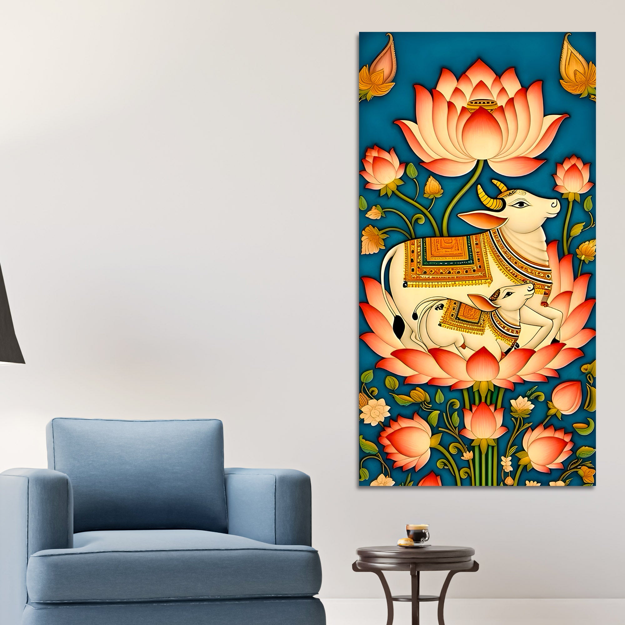 Sacred Kamdhenu Cow and Calf Lotus Canvas Painting | Spiritual Wall Art