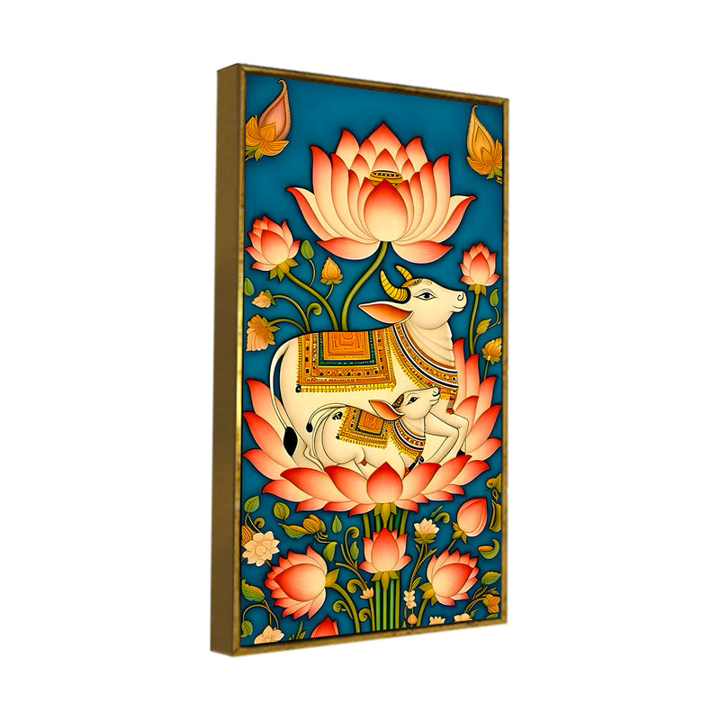Sacred Kamdhenu Cow and Calf Lotus Canvas Painting | Spiritual Wall Art