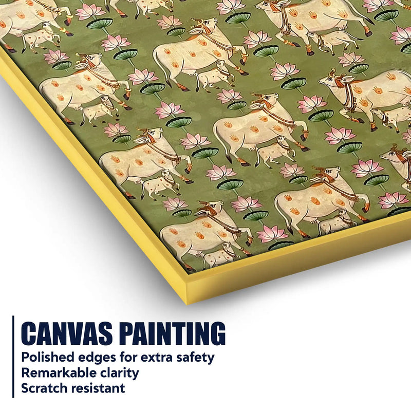 Sacred Kamdhenu Cow Pichwai Style Canvas Wall Painting for Home Decor