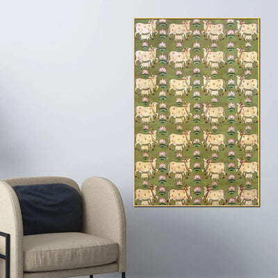 Sacred Kamdhenu Cow Pichwai Style Canvas Wall Painting for Home Decor