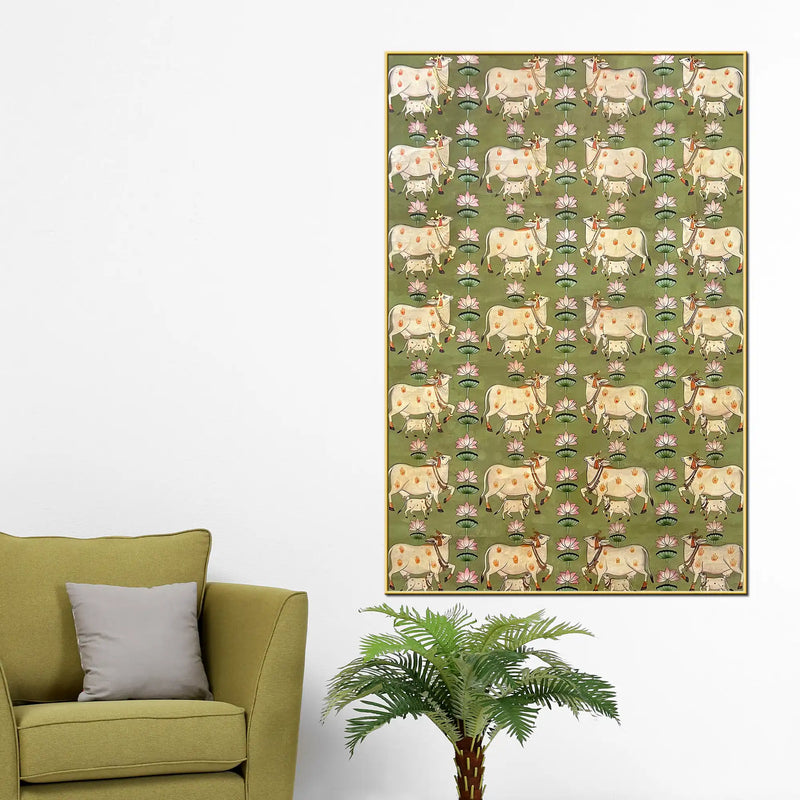 Sacred Kamdhenu Cow Pichwai Style Canvas Wall Painting for Home Decor