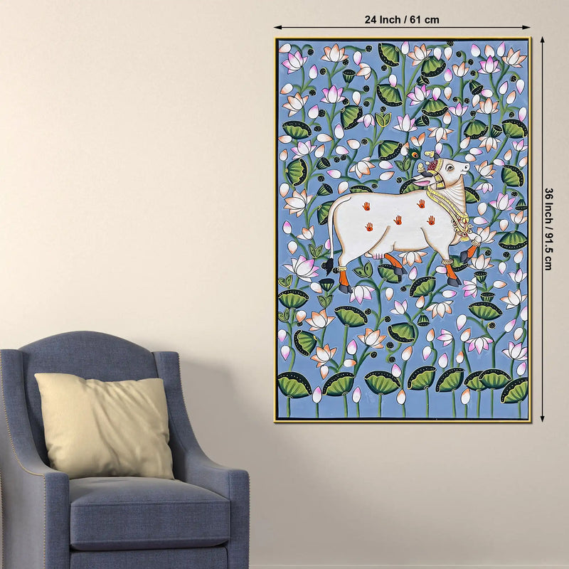 Sacred Kamdhenu Cow Pichwai Style Spiritual Canvas Wall Painting