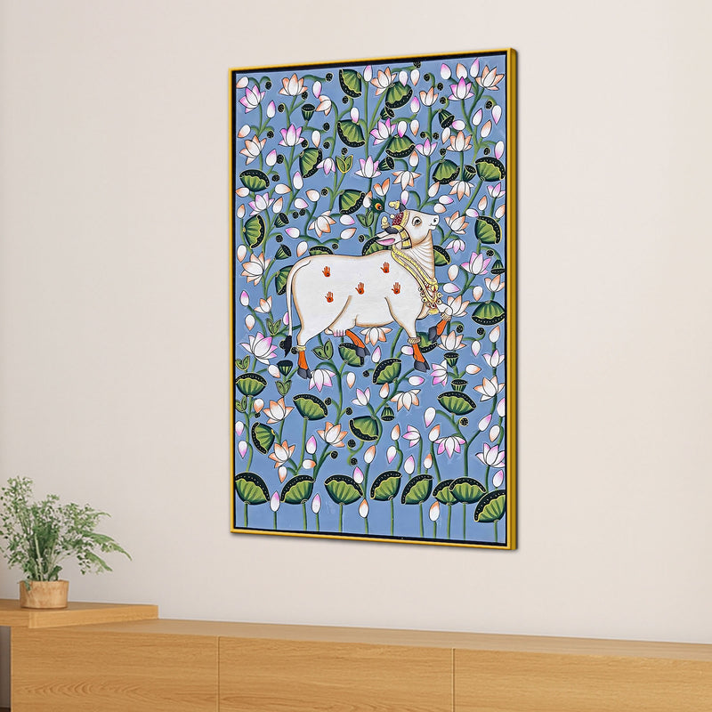 Sacred Kamdhenu Cow Pichwai Style Spiritual Canvas Wall Painting