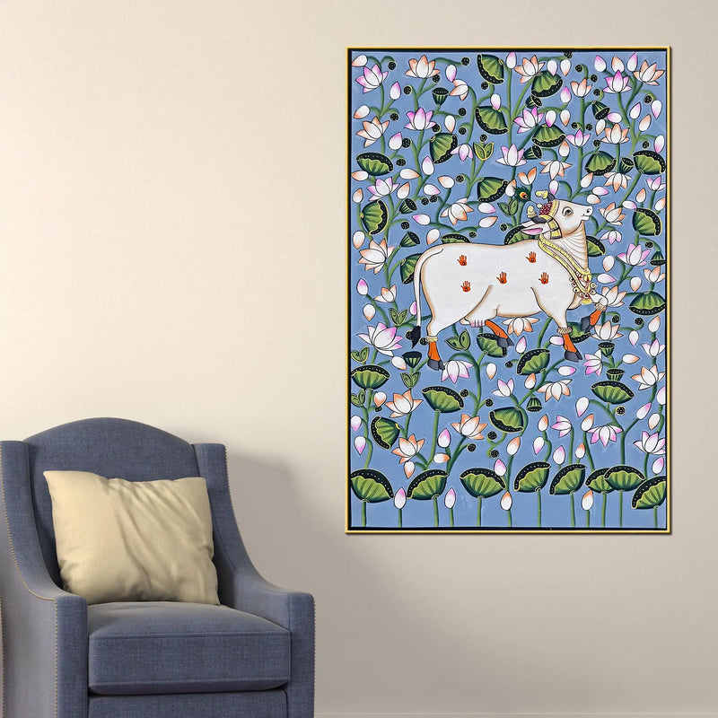 Sacred Kamdhenu Cow Pichwai Style Spiritual Canvas Wall Painting