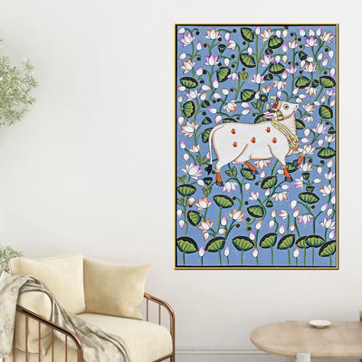 Sacred Kamdhenu Cow Pichwai Style Spiritual Canvas Wall Painting