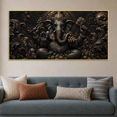 Sacred Lord Ganpati Bappa Floral Metallic Look 3D Canvas Wall Painting