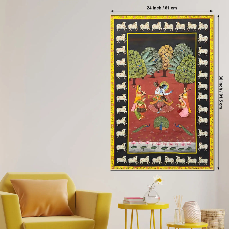 Sacred Lord Krishna Dancing with Gopis Hindu Devotional Canvas Wall Painting