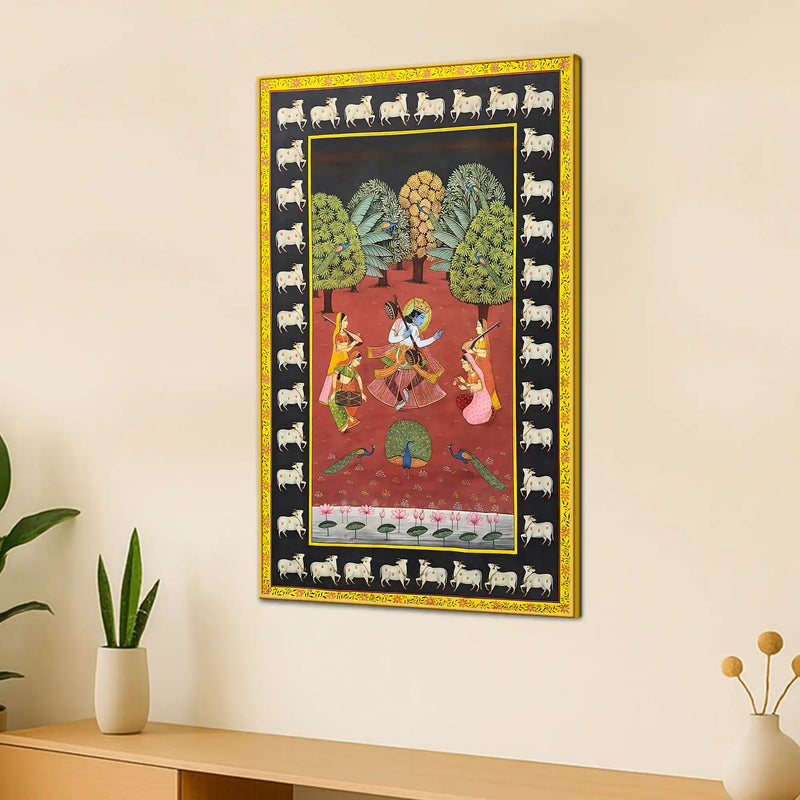 Sacred Lord Krishna Dancing with Gopis Hindu Devotional Canvas Wall Painting