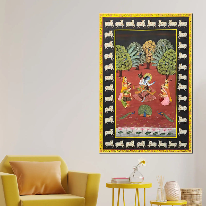 Sacred Lord Krishna Dancing with Gopis Hindu Devotional Canvas Wall Painting