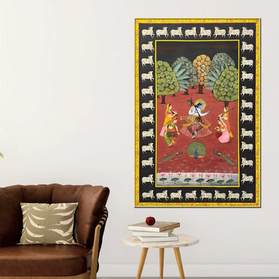 Sacred Lord Krishna Dancing with Gopis Hindu Devotional Canvas Wall Painting