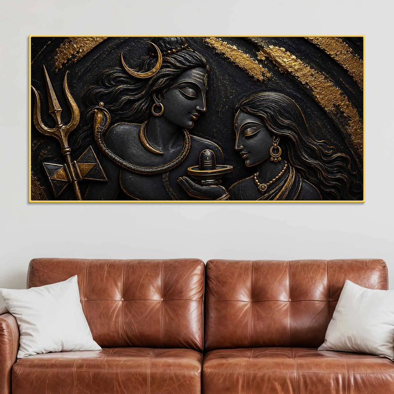 Sacred Lord Shiv Maa Parvati with Shivling Metallic Look 3D Canvas Wall Painting
