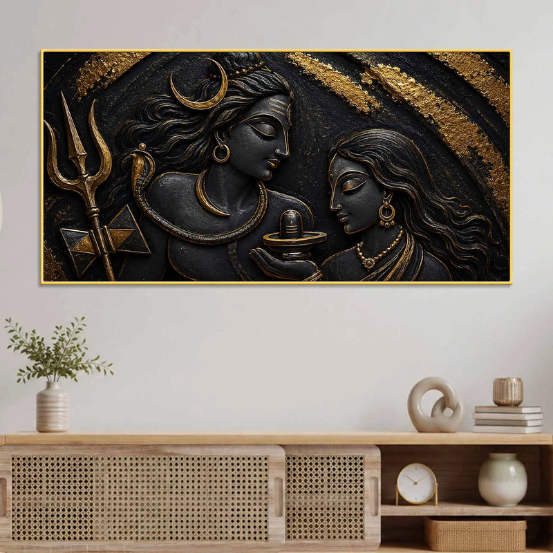 Sacred Lord Shiv Maa Parvati with Shivling Metallic Look 3D Canvas Wall Painting