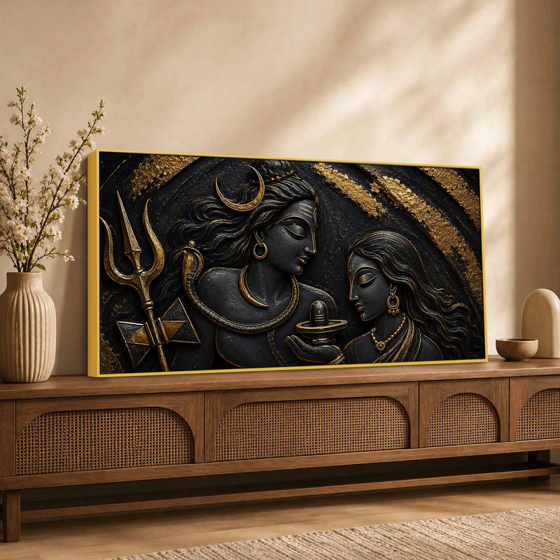 Sacred Lord Shiv Maa Parvati with Shivling Metallic Look 3D Canvas Wall Painting