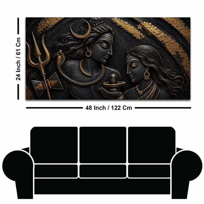Sacred Lord Shiv Maa Parvati with Shivling Metallic Look 3D Canvas Wall Painting