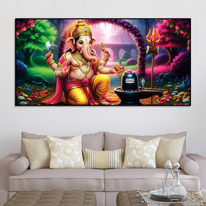 Sacred Lord Shri Ganesh Worshiping Lord Mahadev Shiva Lingam Premium Canvas Wall Painting for Home & Office Wall Decor – Modern Devotion Wall Art