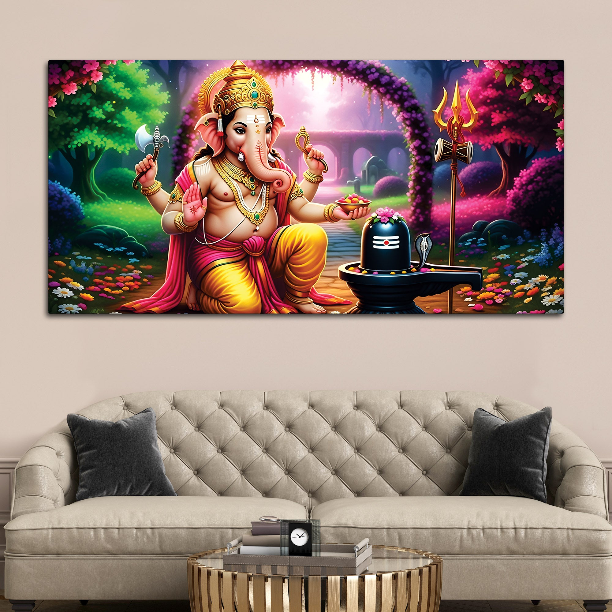 Sacred Lord Shri Ganesh Worshiping Lord Mahadev Shiva Lingam Premium Canvas Wall Painting for Home & Office Wall Decor – Modern Devotion Wall Art