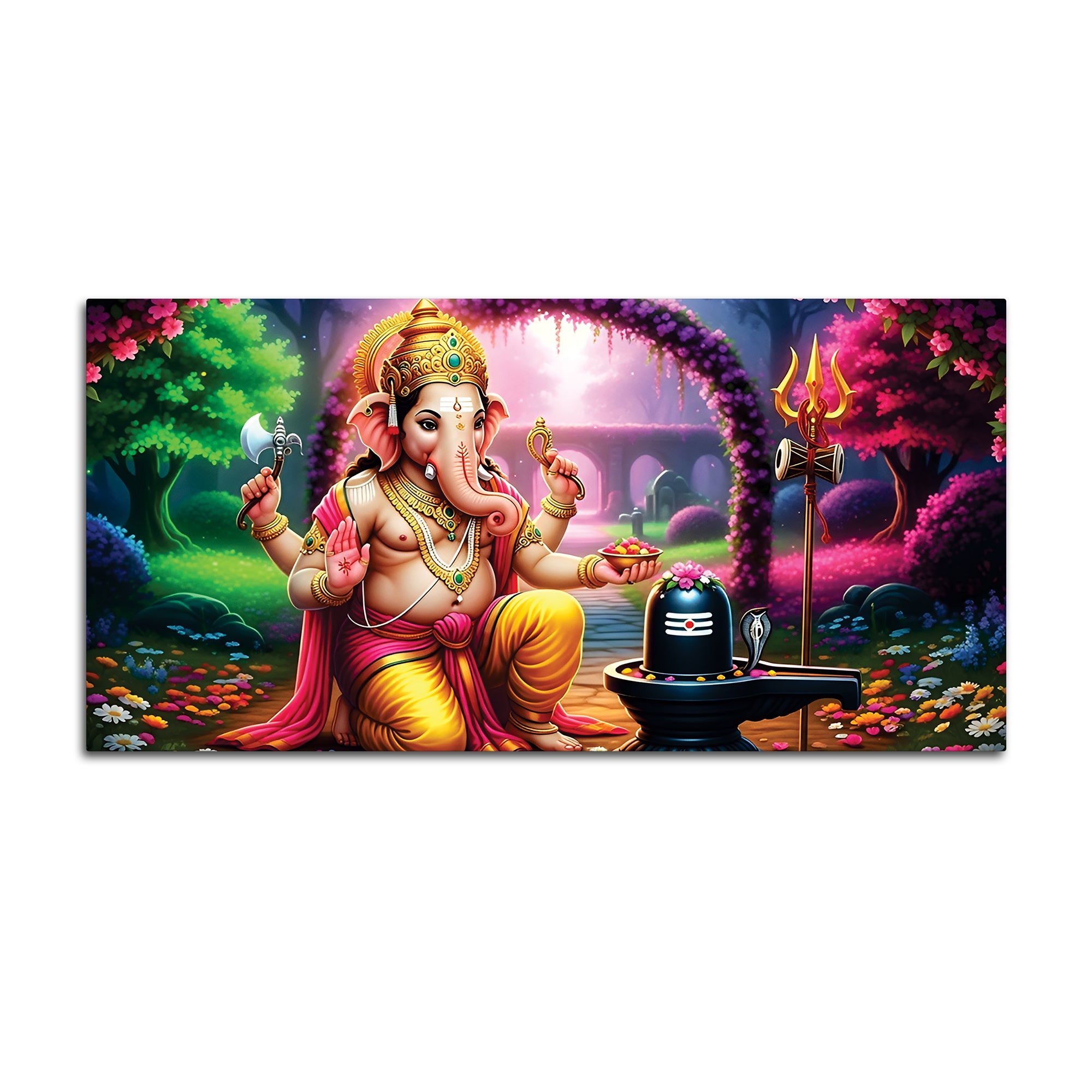 Sacred Lord Shri Ganesh Worshiping Lord Mahadev Shiva Lingam Premium Canvas Wall Painting for Home & Office Wall Decor – Modern Devotion Wall Art