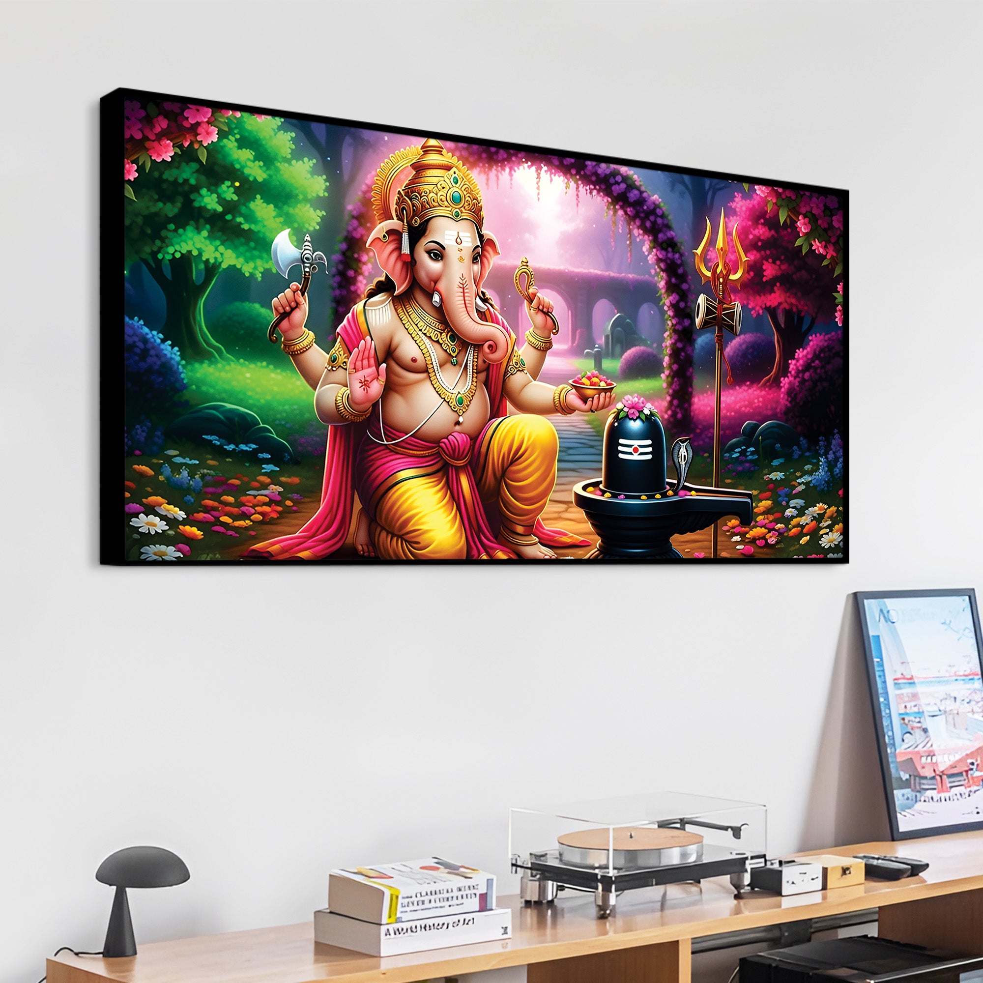Sacred Lord Shri Ganesh Worshiping Lord Mahadev Shiva Lingam Premium Canvas Wall Painting for Home & Office Wall Decor – Modern Devotion Wall Art