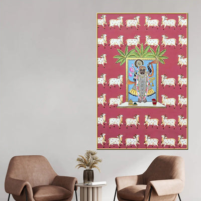 Sacred Lord Shrinathji Darshan with Cow Motif Spiritual Pichwai Canvas Wall Painting
