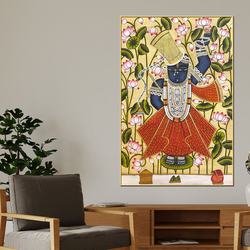 Sacred Lord Shrinathji Krishna Lotus Theme Pichwai Canvas Wall Painting