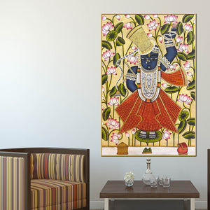 Sacred Lord Shrinathji Krishna Lotus Theme Pichwai Canvas Wall Painting