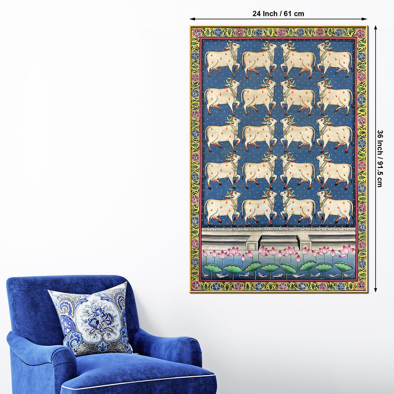 Sacred Lotus Pond and Holy Cows Pichwai Canvas Wall Painting