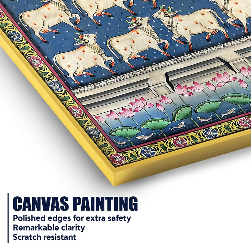 Sacred Lotus Pond and Holy Cows Pichwai Canvas Wall Painting