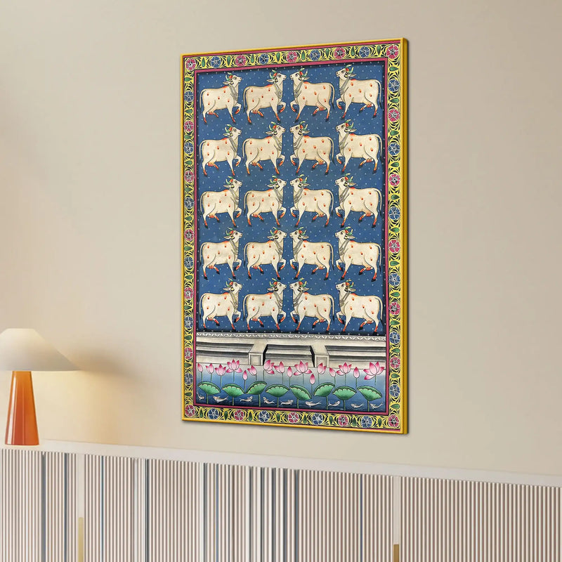 Sacred Lotus Pond and Holy Cows Pichwai Canvas Wall Painting