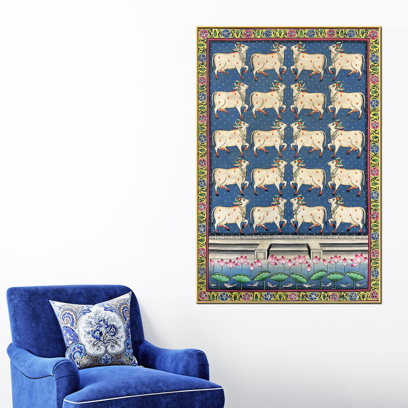 Sacred Lotus Pond and Holy Cows Pichwai Canvas Wall Painting
