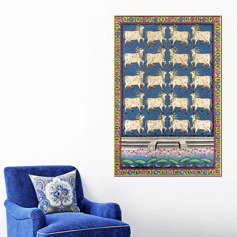 Sacred Lotus Pond and Holy Cows Pichwai Canvas Wall Painting
