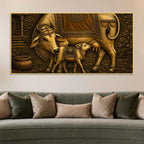 Sacred Mother Cow with Calf Metallic Look 3D Canvas Wall Painting