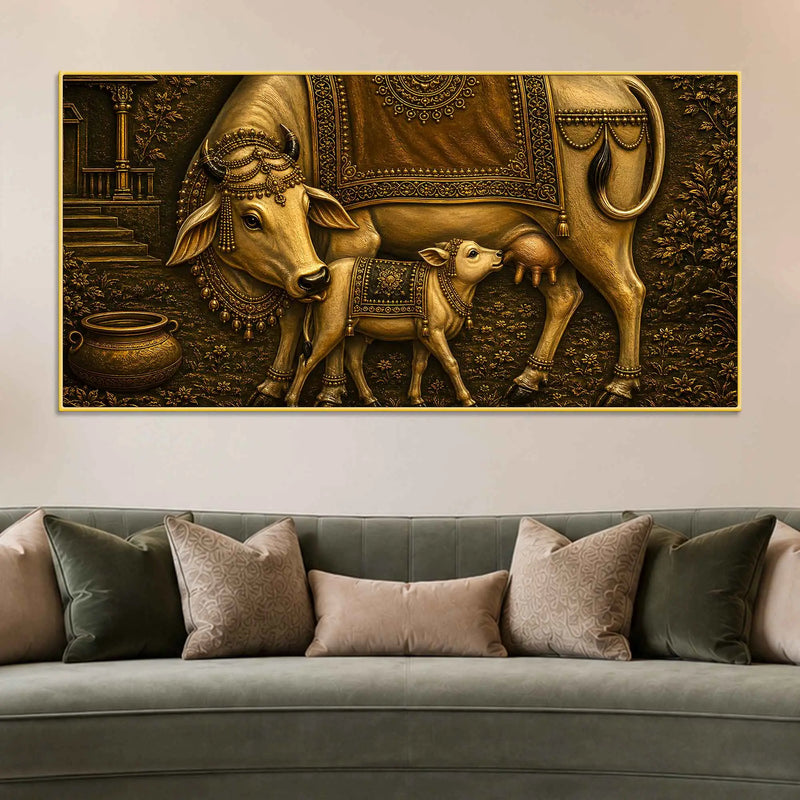 Sacred Mother Cow with Calf Metallic Look 3D Canvas Wall Painting