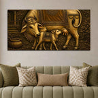 Sacred Mother Cow with Calf Metallic Look 3D Canvas Wall Painting