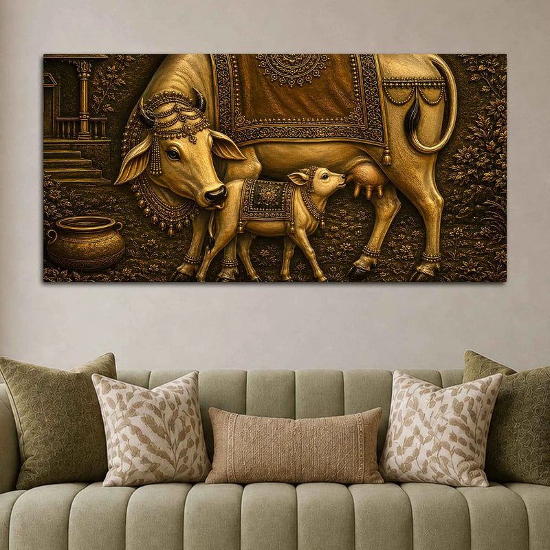 Sacred Mother Cow with Calf Metallic Look 3D Canvas Wall Painting